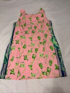 Lilly Pulitzer Pink Dress with Green Monkey Print and Blue Trim